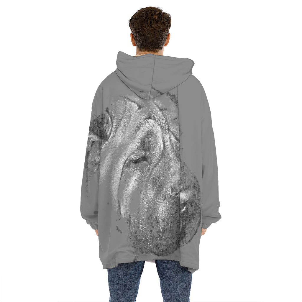 Monochrome Shar Pei Print Hoodie Blanket