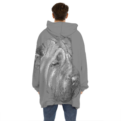 Monochrome Shar Pei Print Hoodie Blanket