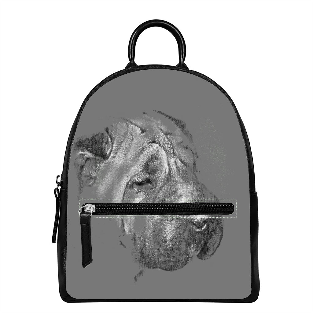 Monochrome Shar Pei Print Leather Backpack