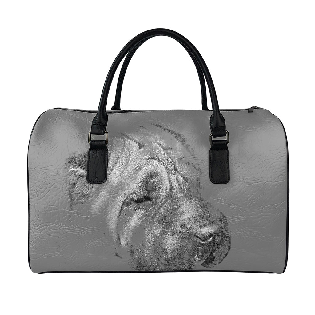 Monochrome Shar Pei Print Leather Duffle Bag