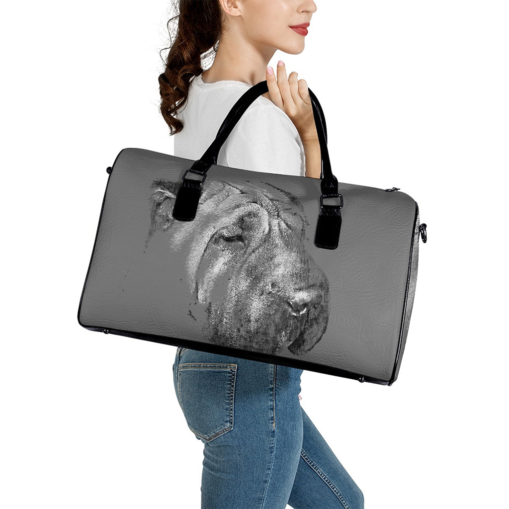 Monochrome Shar Pei Print Leather Duffle Bag
