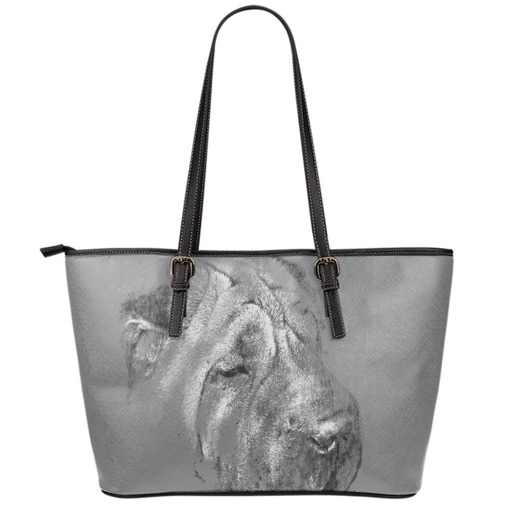 Monochrome Shar Pei Print Leather Tote Bag