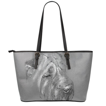 Monochrome Shar Pei Print Leather Tote Bag