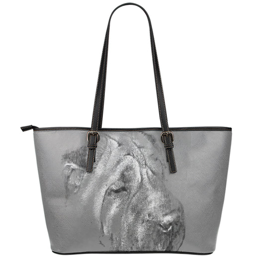 Monochrome Shar Pei Print Leather Tote Bag