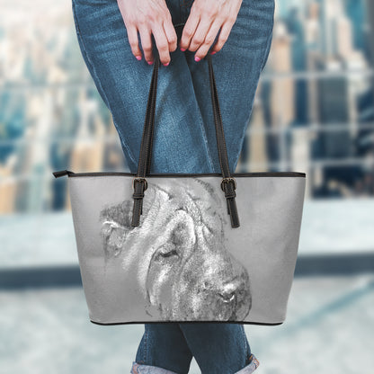 Monochrome Shar Pei Print Leather Tote Bag