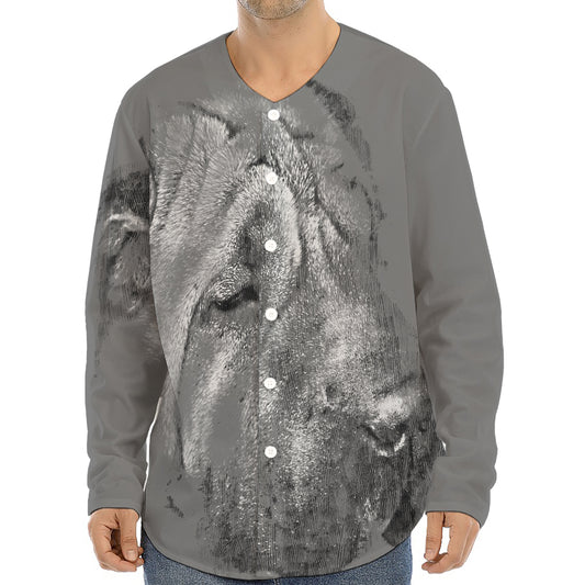 Monochrome Shar Pei Print Long Sleeve Baseball Jersey