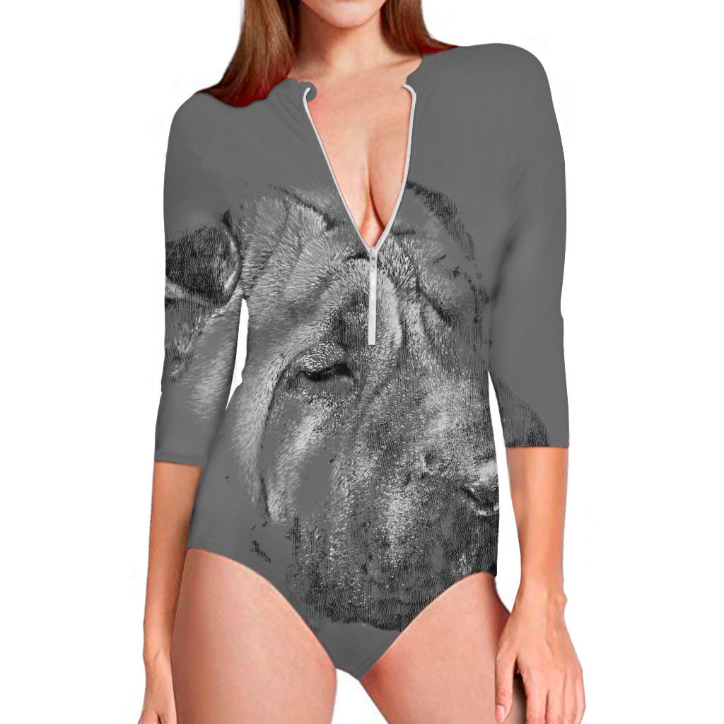Monochrome Shar Pei Print Long Sleeve Swimsuit