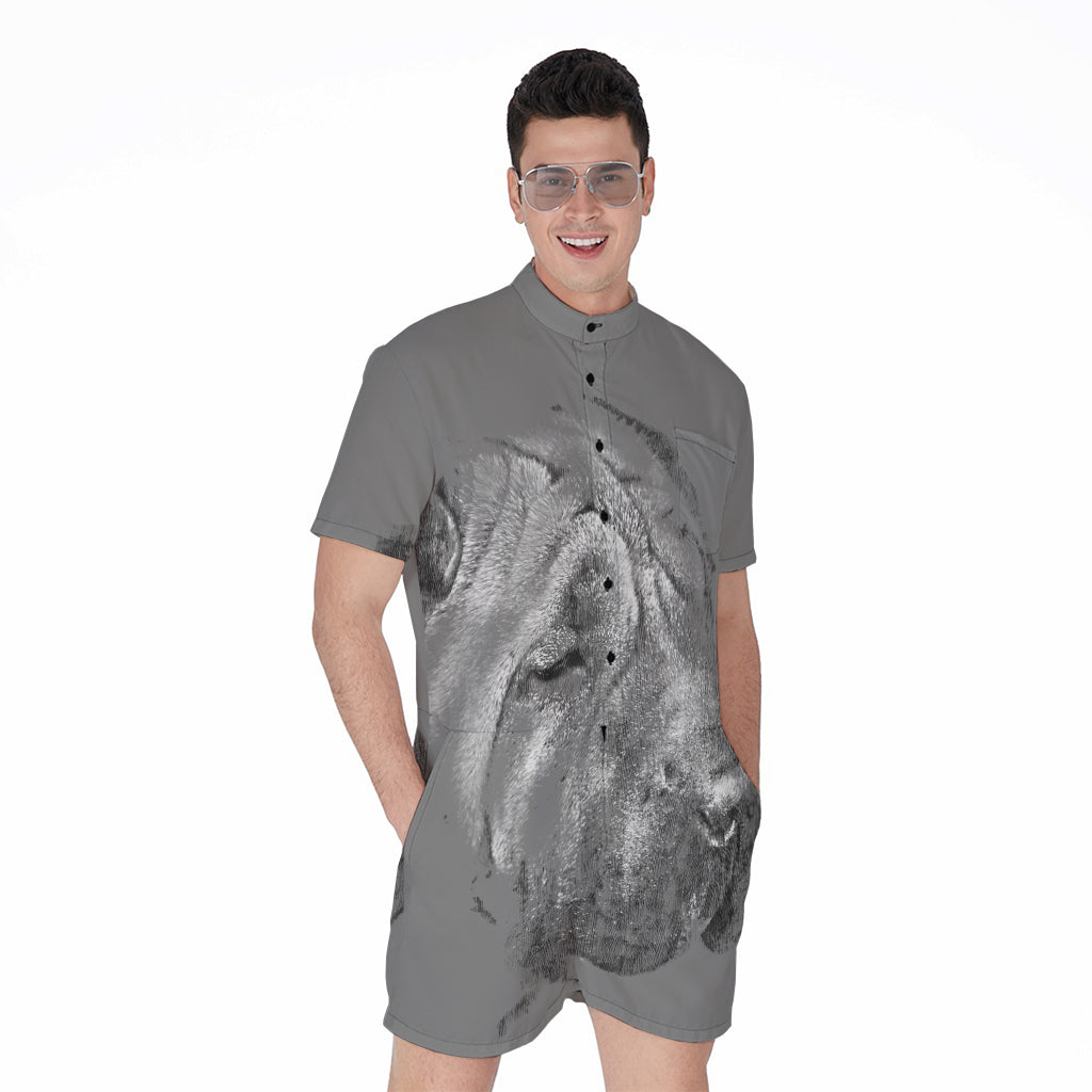 Monochrome Shar Pei Print Men's Rompers