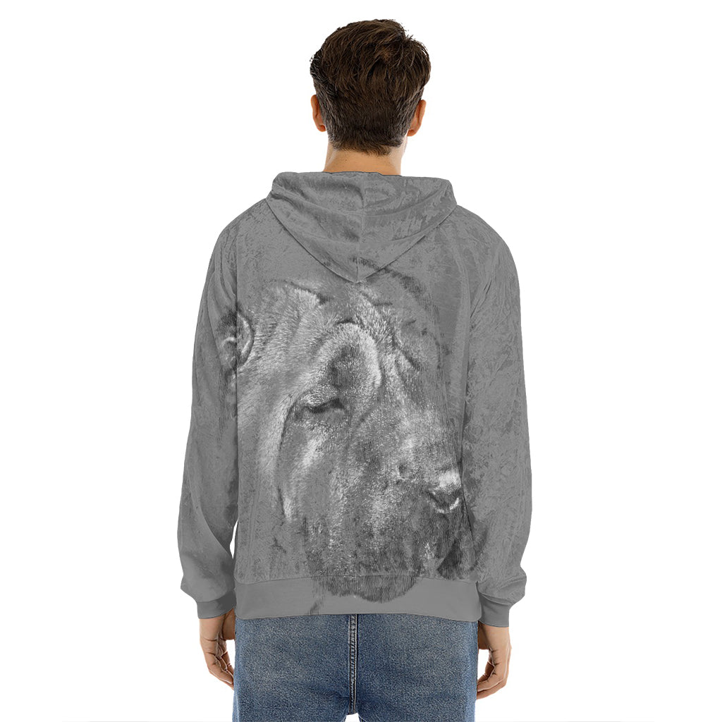 Monochrome Shar Pei Print Men's Velvet Pullover Hoodie