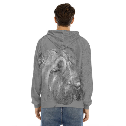 Monochrome Shar Pei Print Men's Velvet Pullover Hoodie
