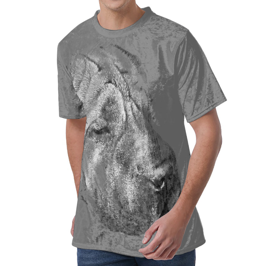 Monochrome Shar Pei Print Men's Velvet T-Shirt