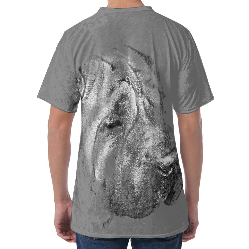 Monochrome Shar Pei Print Men's Velvet T-Shirt