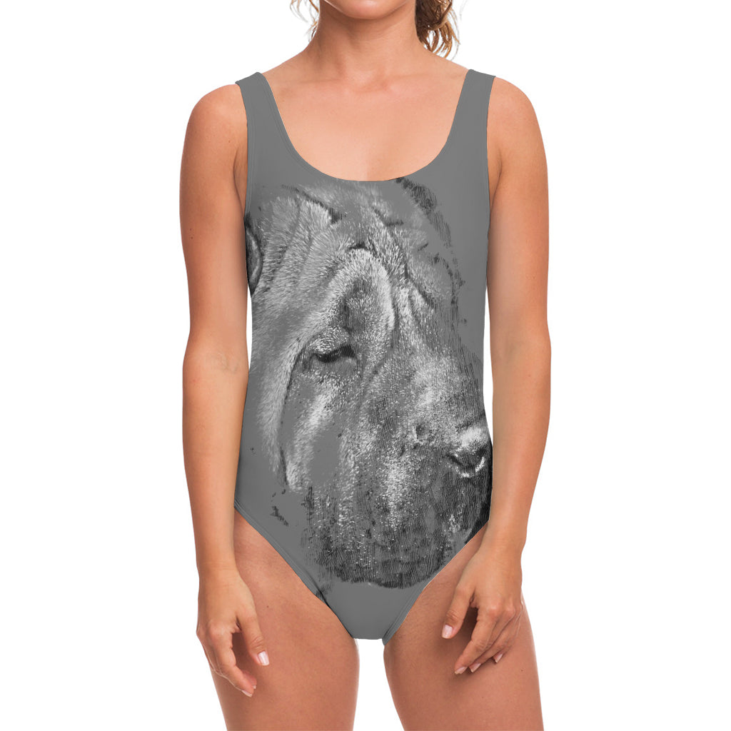 Monochrome Shar Pei Print One Piece Swimsuit