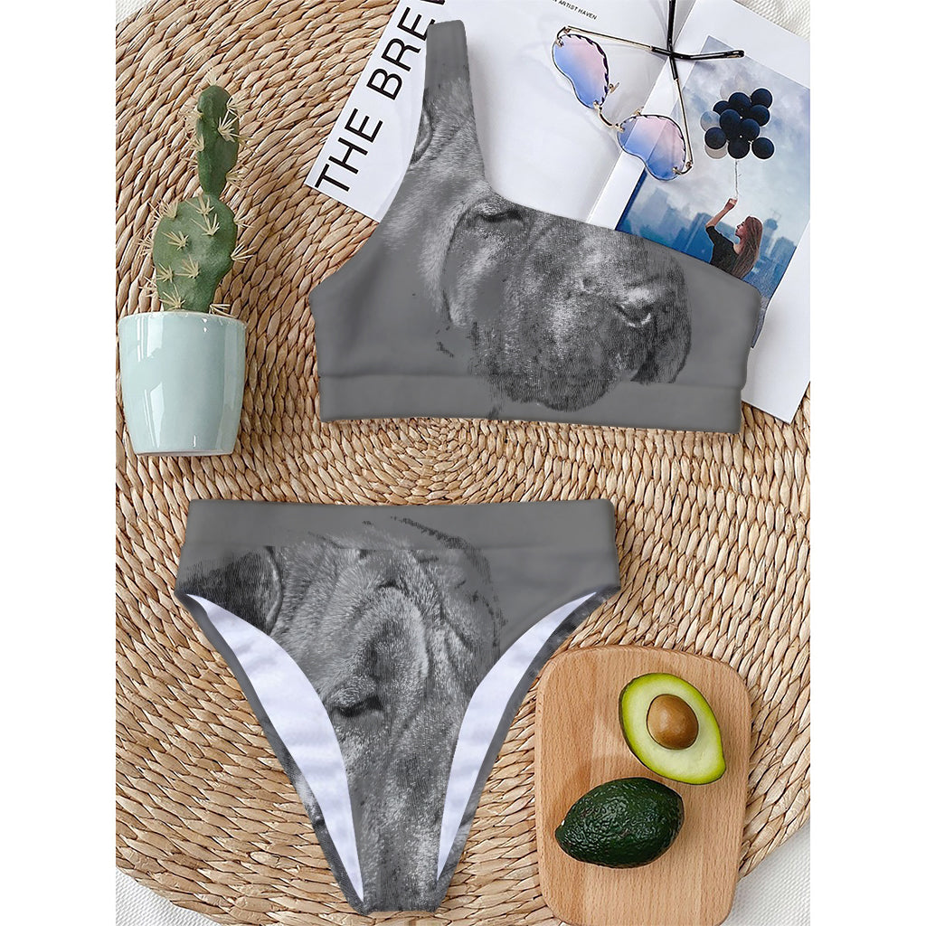 Monochrome Shar Pei Print One Shoulder Bikini Top