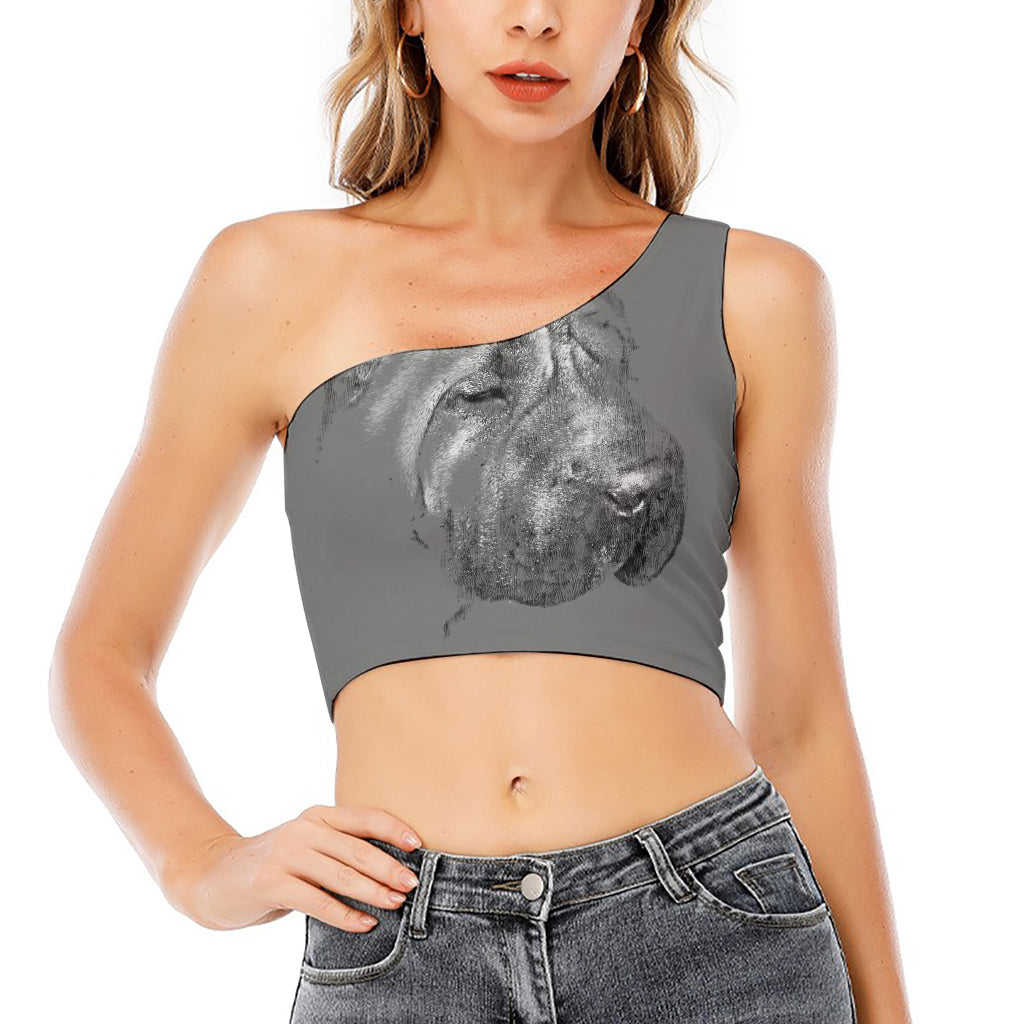 Monochrome Shar Pei Print One Shoulder Crop Top