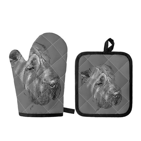 Monochrome Shar Pei Print Oven Mitt And Pot Holder Set