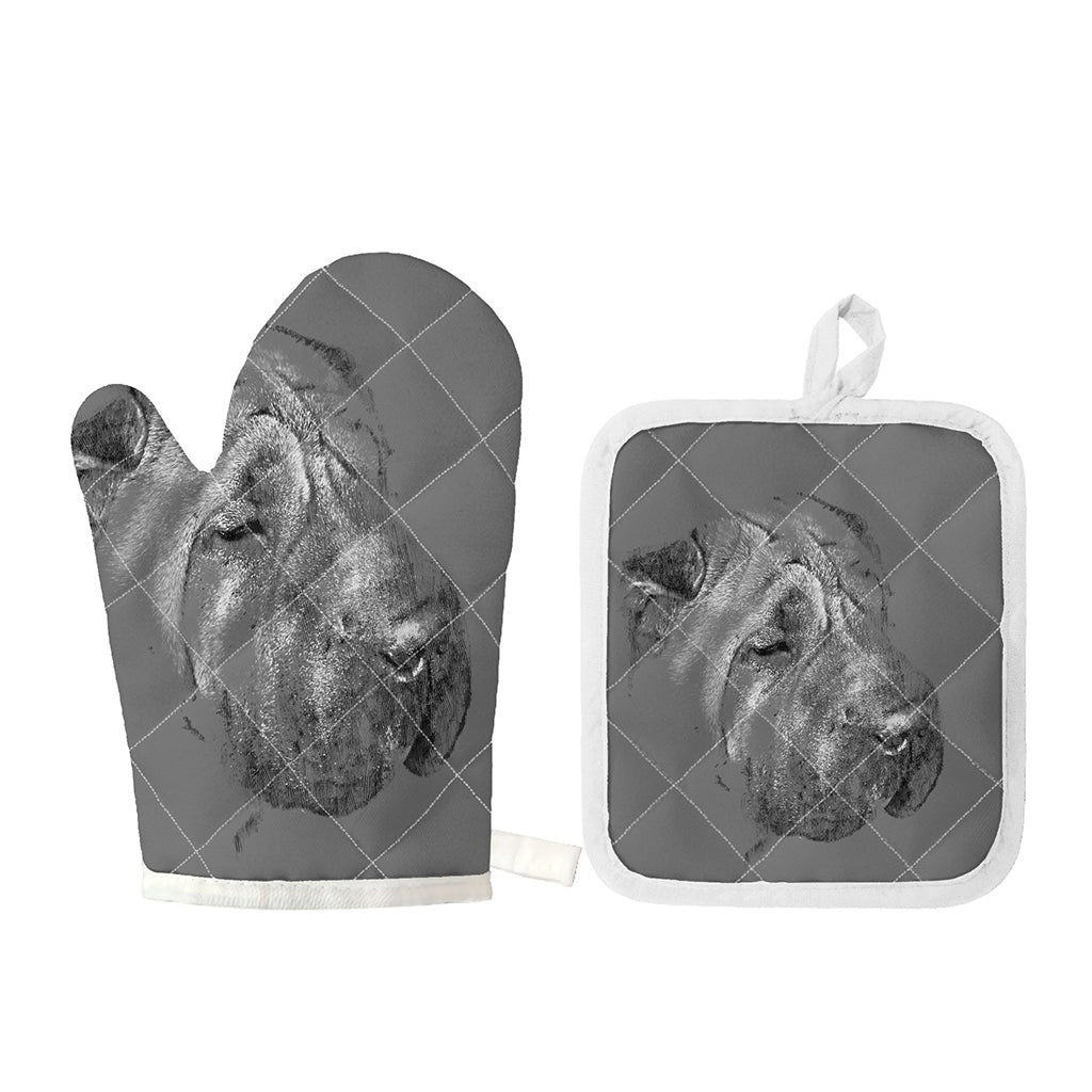 Monochrome Shar Pei Print Oven Mitt And Pot Holder Set