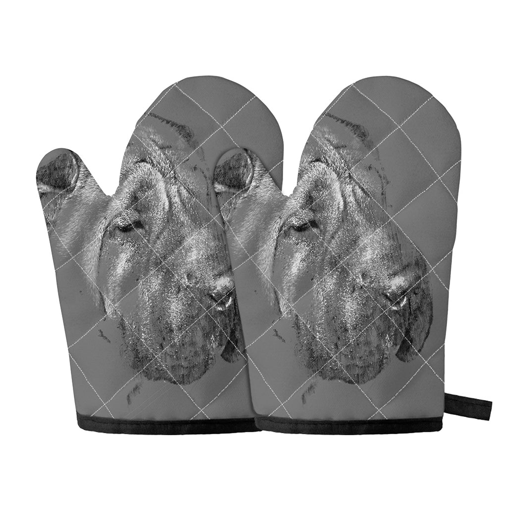 Monochrome Shar Pei Print Oven Mitts