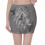 Monochrome Shar Pei Print Pencil Mini Skirt