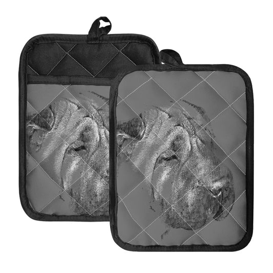 Monochrome Shar Pei Print Pot Holders With Pocket