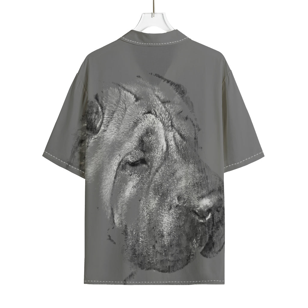 Monochrome Shar Pei Print Rayon Hawaiian Shirt