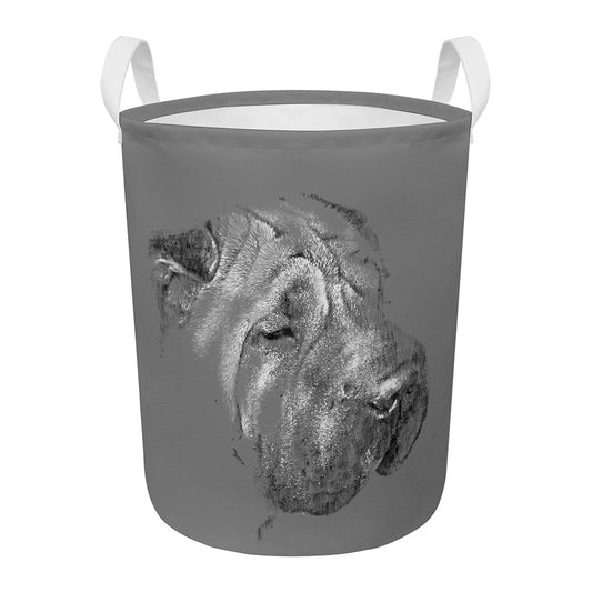 Monochrome Shar Pei Print Round Laundry Basket