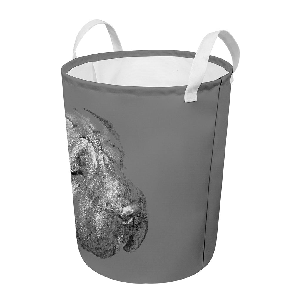 Monochrome Shar Pei Print Round Laundry Basket