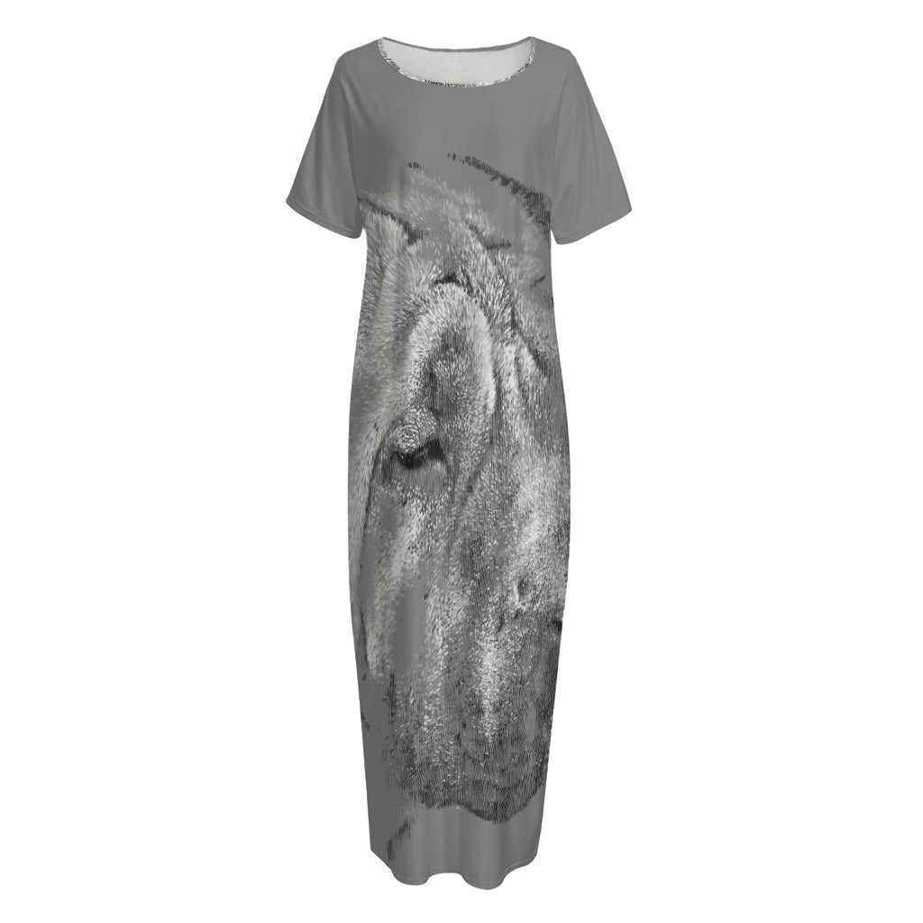 Monochrome Shar Pei Print Short Sleeve Long Nightdress