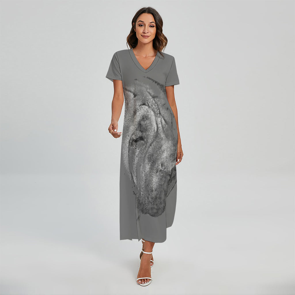 Monochrome Shar Pei Print Short Sleeve Maxi Dress