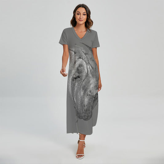 Monochrome Shar Pei Print Short Sleeve Maxi Dress