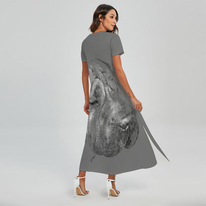 Monochrome Shar Pei Print Short Sleeve Maxi Dress