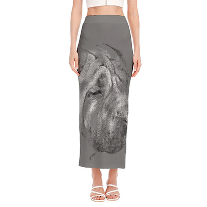 Monochrome Shar Pei Print Side Slit Maxi Skirt