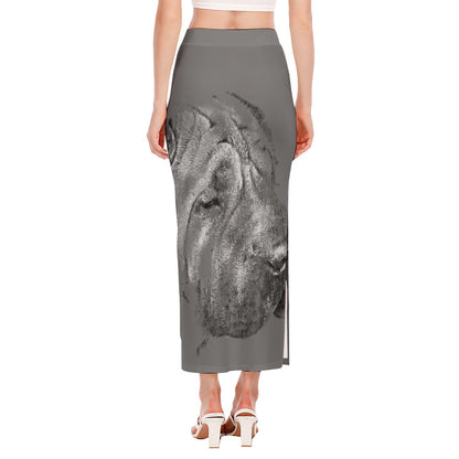 Monochrome Shar Pei Print Side Slit Maxi Skirt