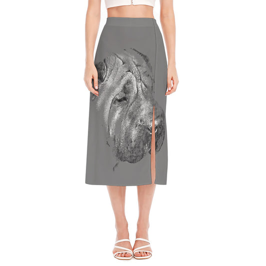 Monochrome Shar Pei Print Side Slit Midi Skirt