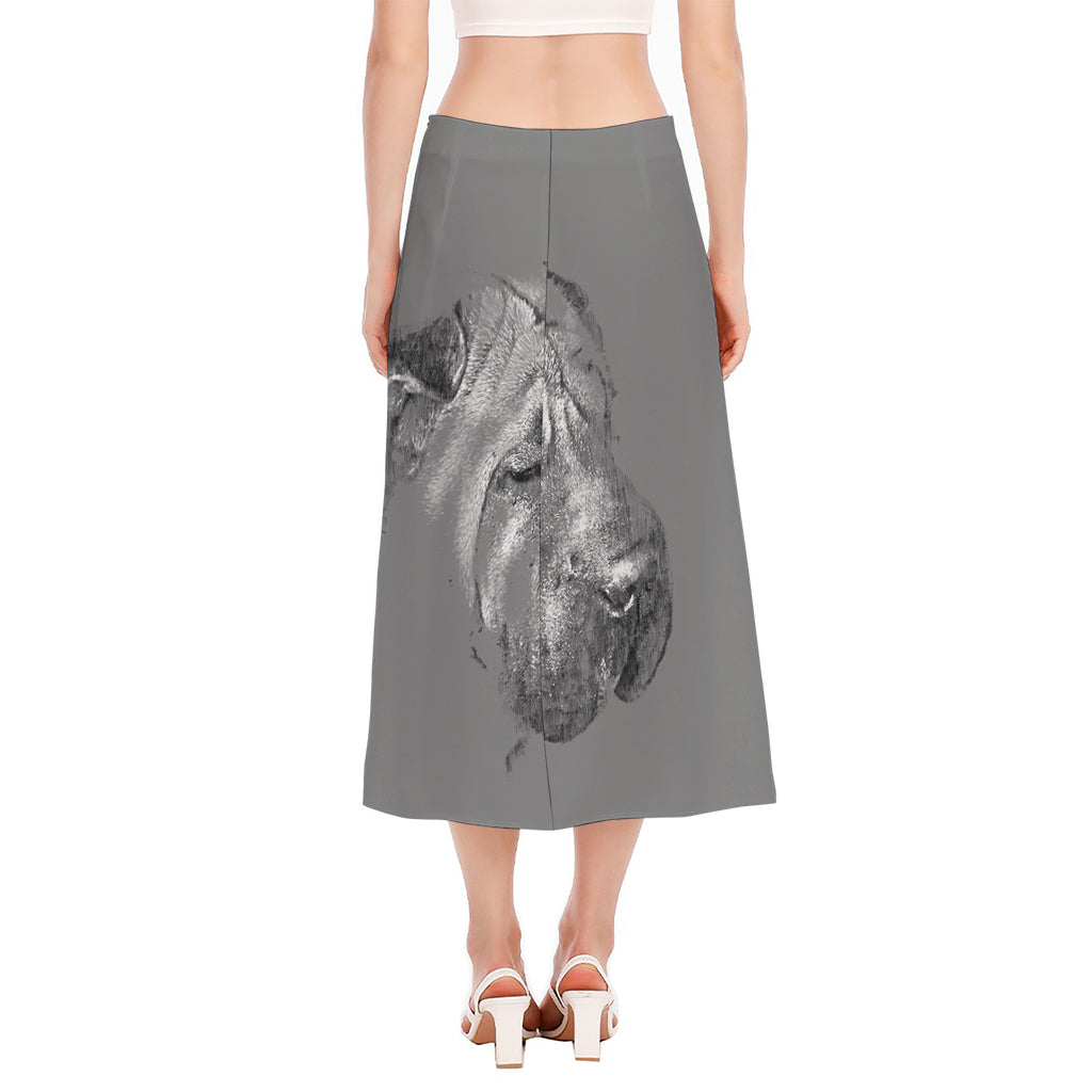 Monochrome Shar Pei Print Side Slit Midi Skirt
