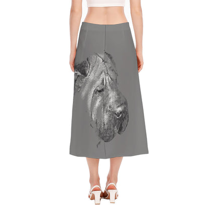 Monochrome Shar Pei Print Side Slit Midi Skirt