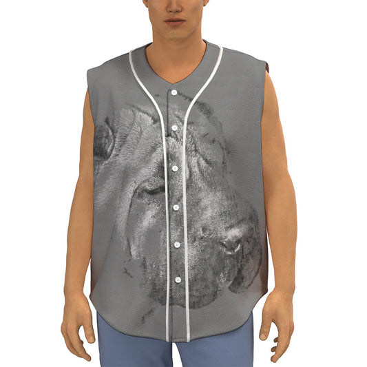 Monochrome Shar Pei Print Sleeveless Baseball Jersey