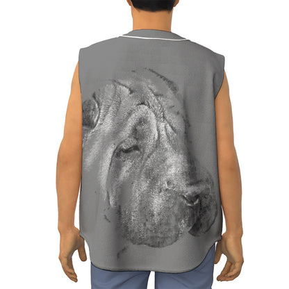 Monochrome Shar Pei Print Sleeveless Baseball Jersey