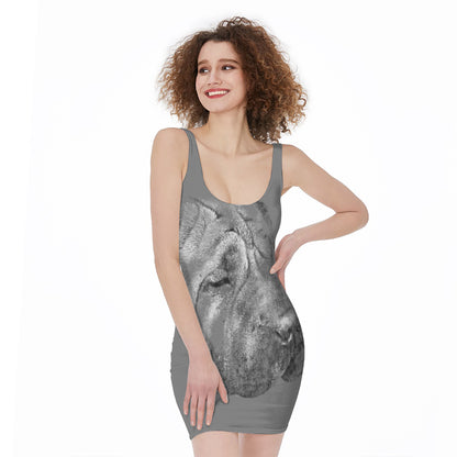 Monochrome Shar Pei Print Sleeveless Bodycon Dress