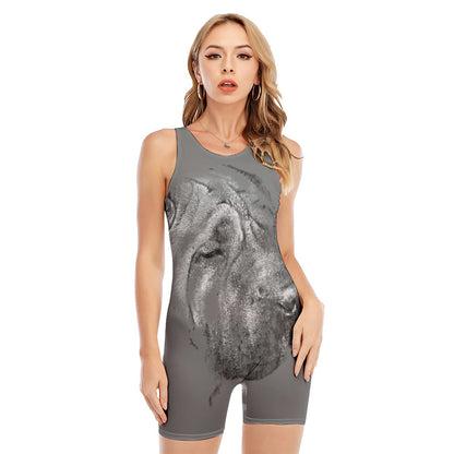 Monochrome Shar Pei Print Sleeveless One Piece Swimsuit