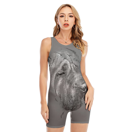 Monochrome Shar Pei Print Sleeveless One Piece Swimsuit