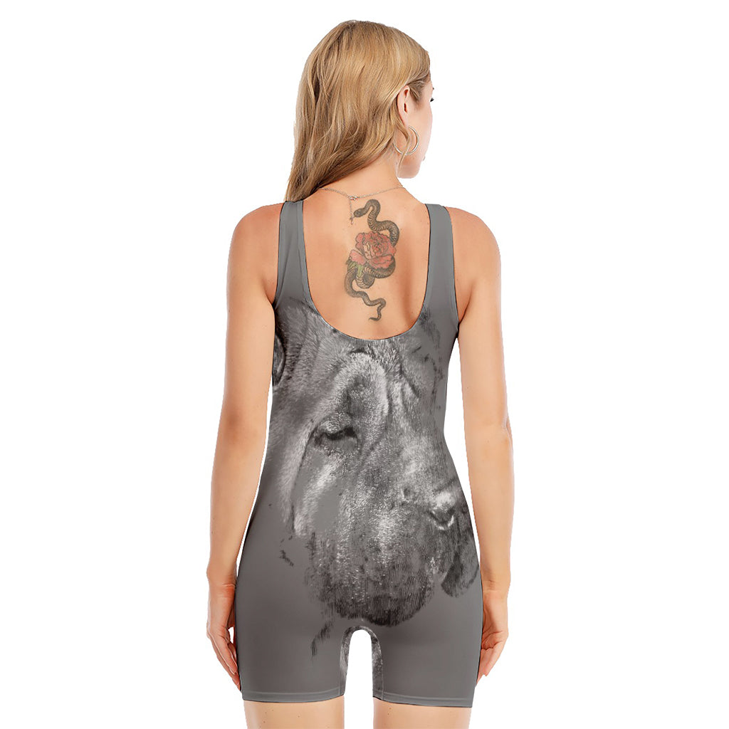 Monochrome Shar Pei Print Sleeveless One Piece Swimsuit