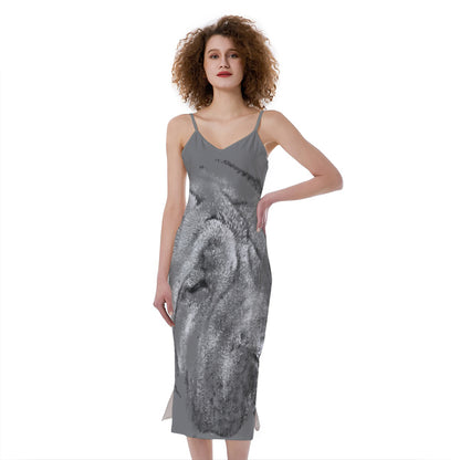 Monochrome Shar Pei Print Slim Fit Midi Cami Dress