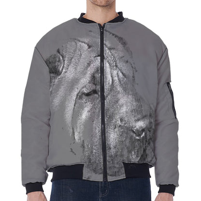 Monochrome Shar Pei Print Zip Sleeve Bomber Jacket