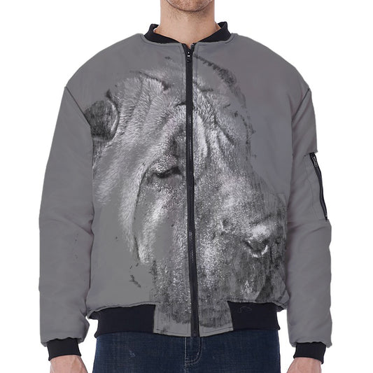 Monochrome Shar Pei Print Zip Sleeve Bomber Jacket