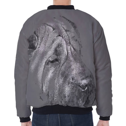 Monochrome Shar Pei Print Zip Sleeve Bomber Jacket