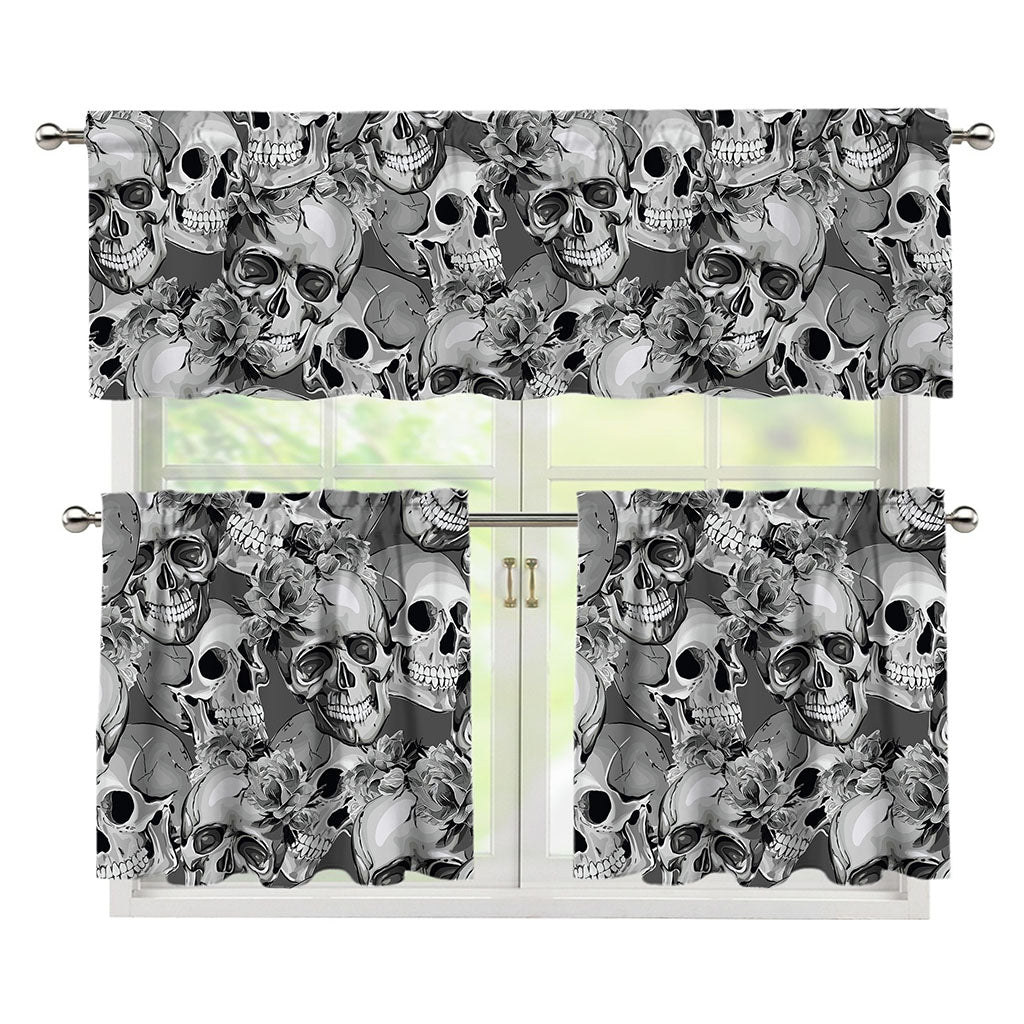 Monochrome Skull Flowers Pattern Print 3 Piece Kitchen Curtains