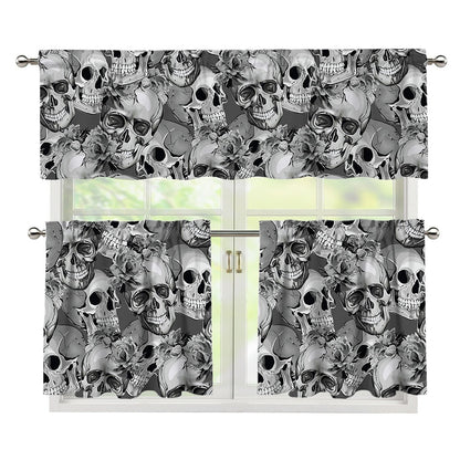 Monochrome Skull Flowers Pattern Print 3 Piece Kitchen Curtains