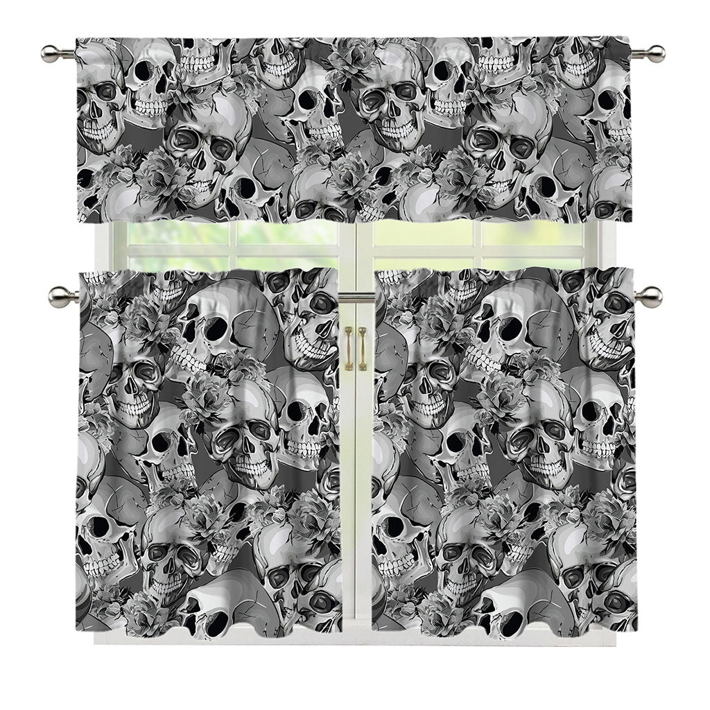 Monochrome Skull Flowers Pattern Print 3 Piece Kitchen Curtains