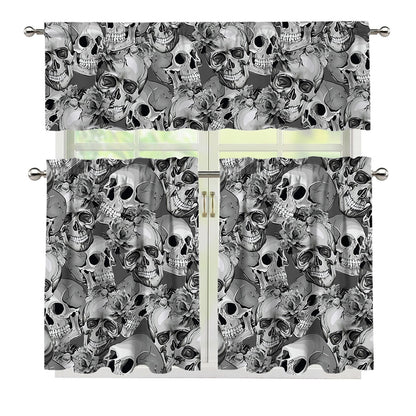 Monochrome Skull Flowers Pattern Print 3 Piece Kitchen Curtains